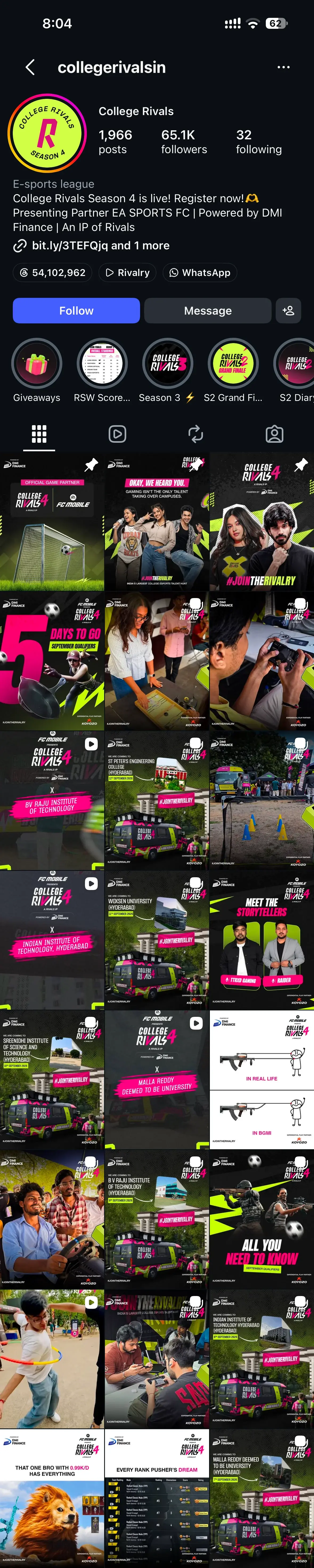 The College Rivals Instagram profile in September 2026: the Season 4 badge, 1,966 posts and 65.1K followers, the Season 4 bio, highlights for Season 3 and the Season 2 grand finale, then eight rows of posts: campus visit announcements and September qualifier countdowns for Season 4, photos from the events and gaming memes.