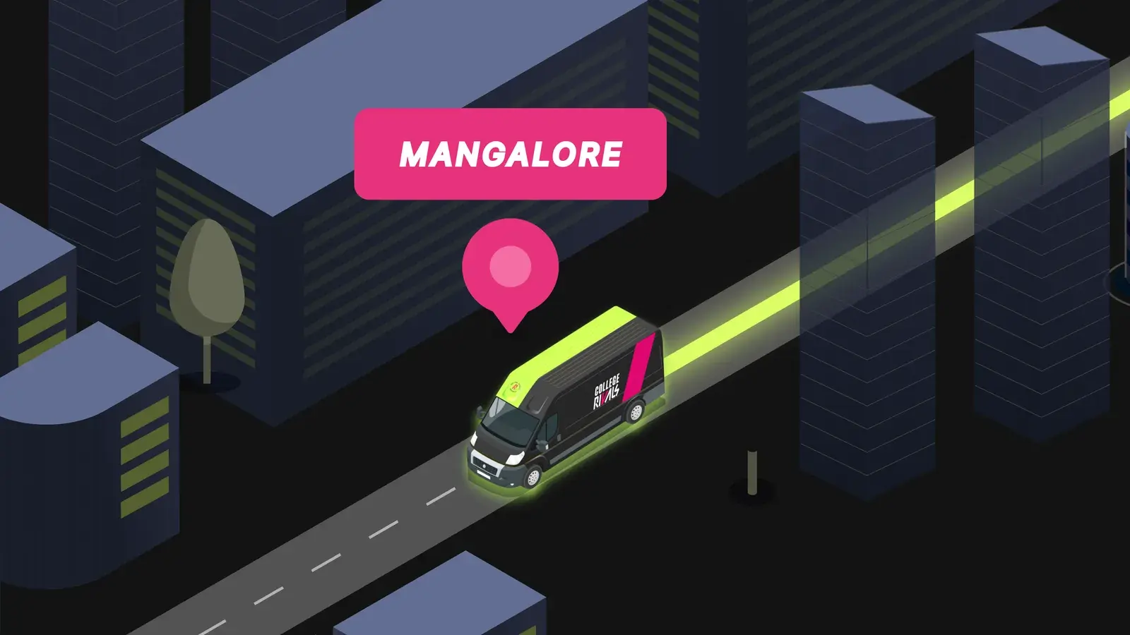 Design: a keyframe of the truck animation, the truck at Mangalore under its pin.