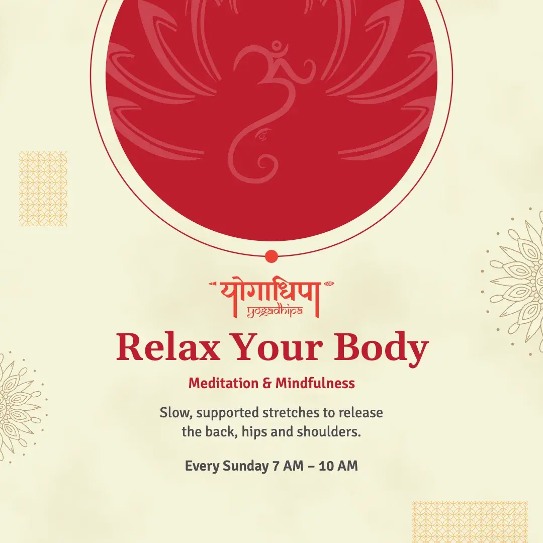 Post: Relax Your Body, under a crimson circle holding the Om line.