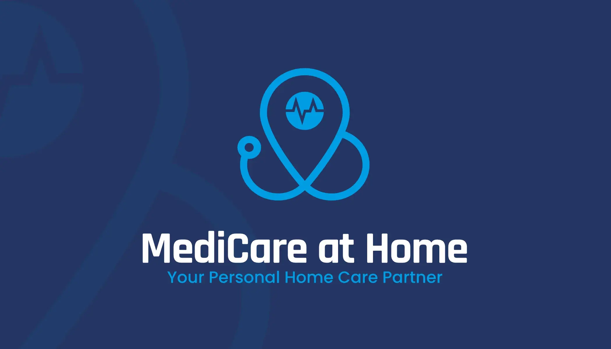Business card front: the logo in blue and white on navy, the mark's outline faint behind