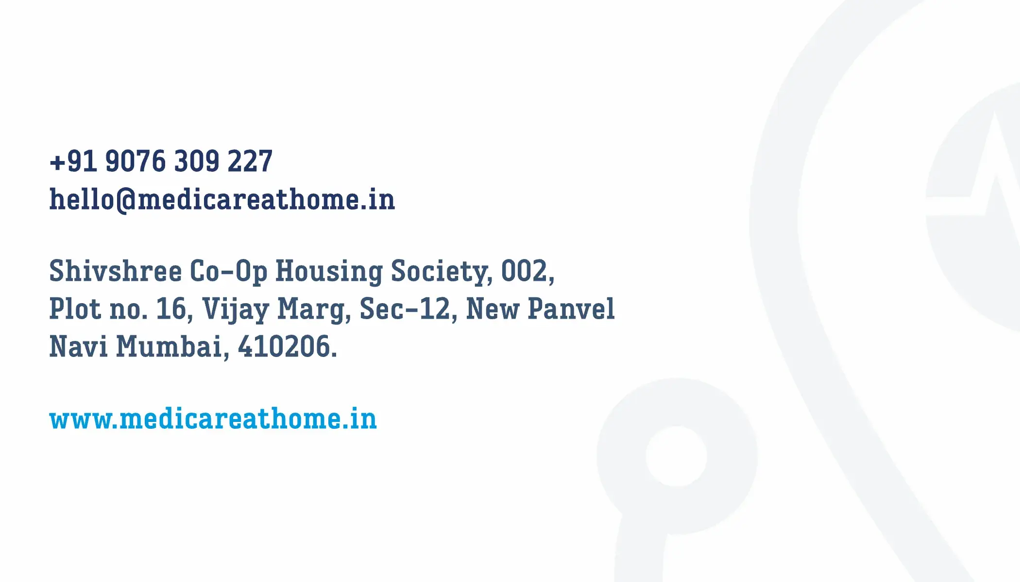 Business card back: phone, email, the New Panvel address and the website, on white