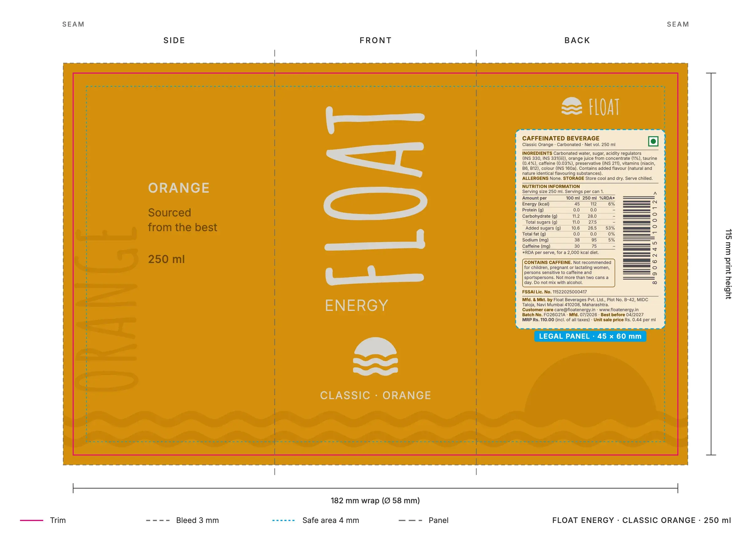 The Classic Orange label with its print marks: trim, 3 mm bleed, safe area, the side, front and back panels and the 45 by 60 mm legal panel