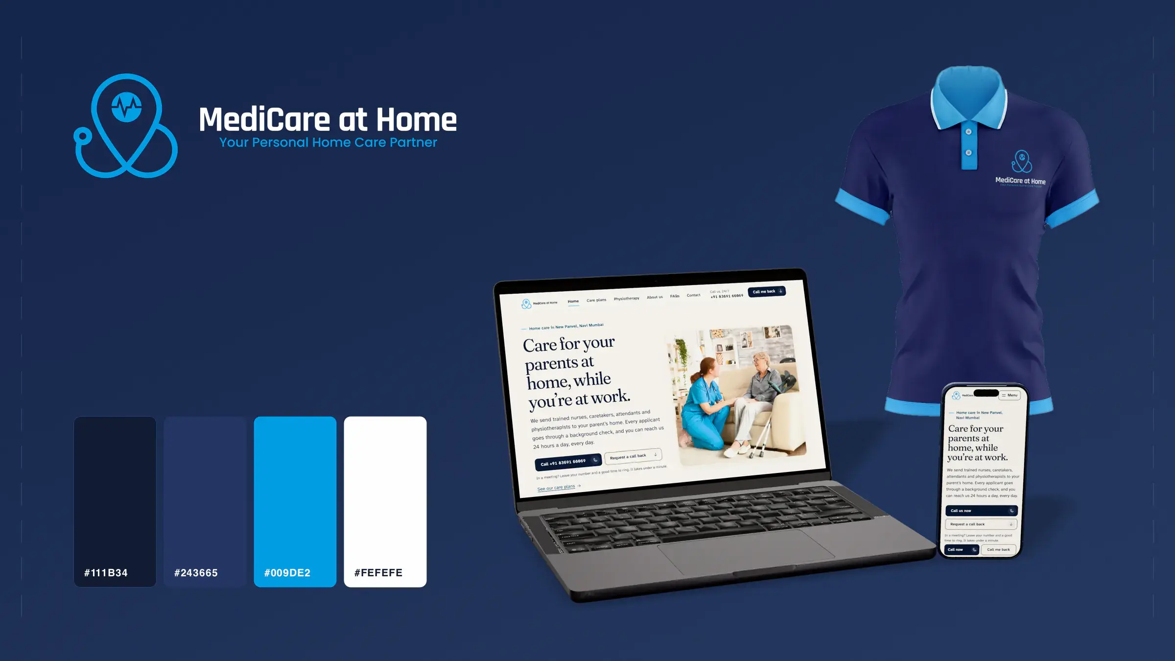 The MediCare at Home logo, its navy, light navy, blue and white palette and a navy staff polo, beside the redesigned 2026 home page on a laptop and a phone