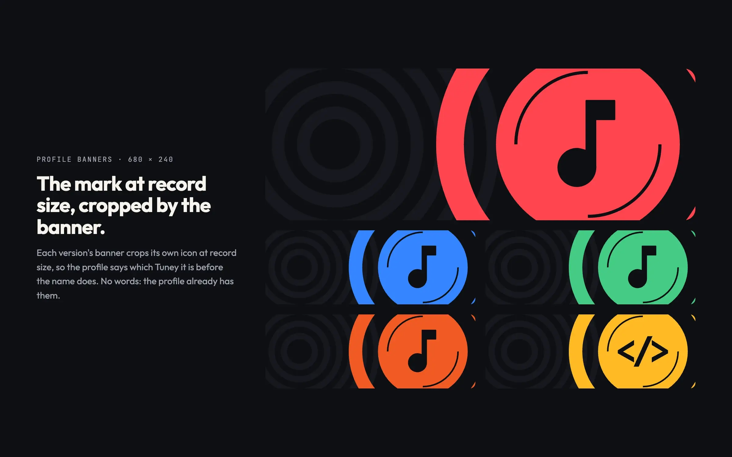 Five profile banners, each cropping its version’s icon at record size over faint rings