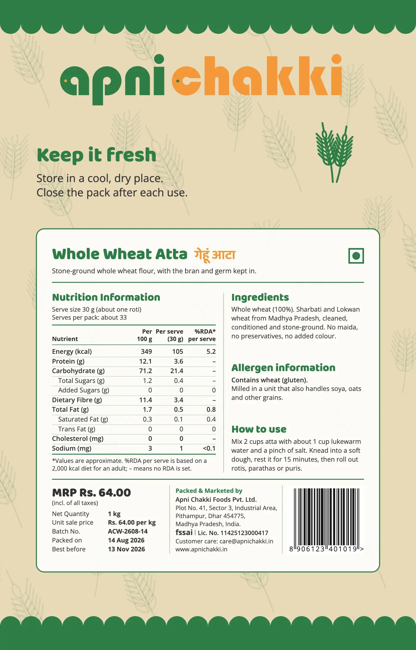 The back of the 1 kg pouch: the wordmark, storage lines, and a framed panel with sample nutrition, ingredients, FSSAI, MRP and barcode details