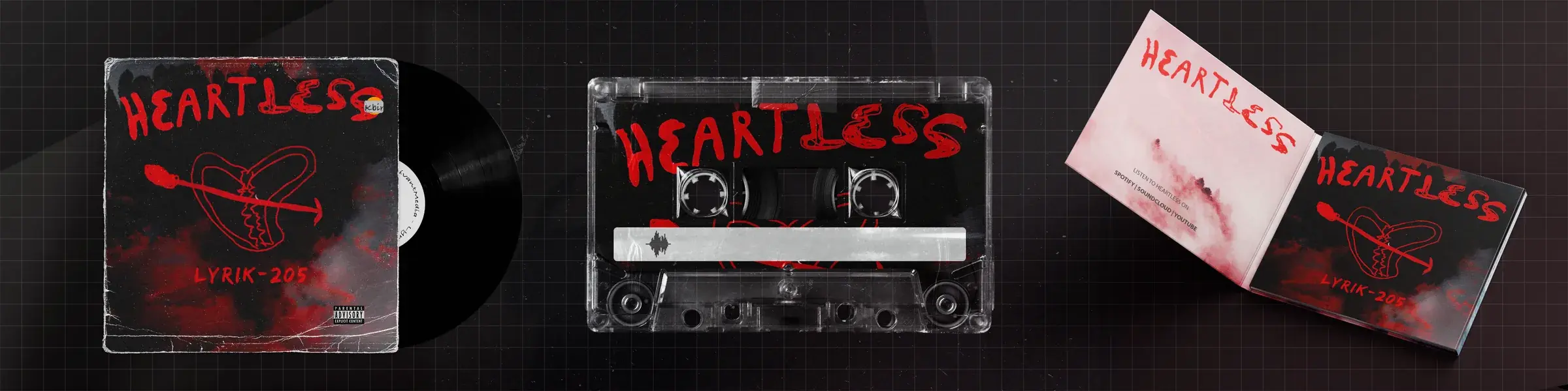 The Heartless carousel as one picture: the sleeve and record, the cassette and the digipack, across a dark grid.
