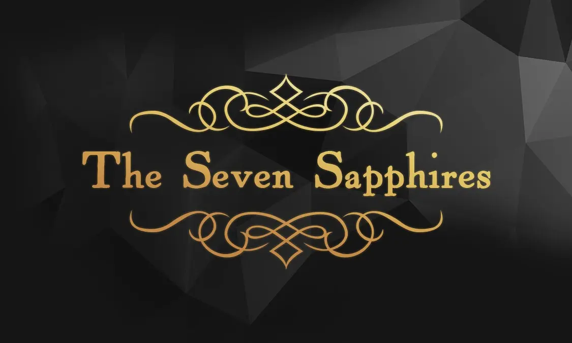 A plainer version of the card's front: the gold logo on faceted black, without the corner scrollwork