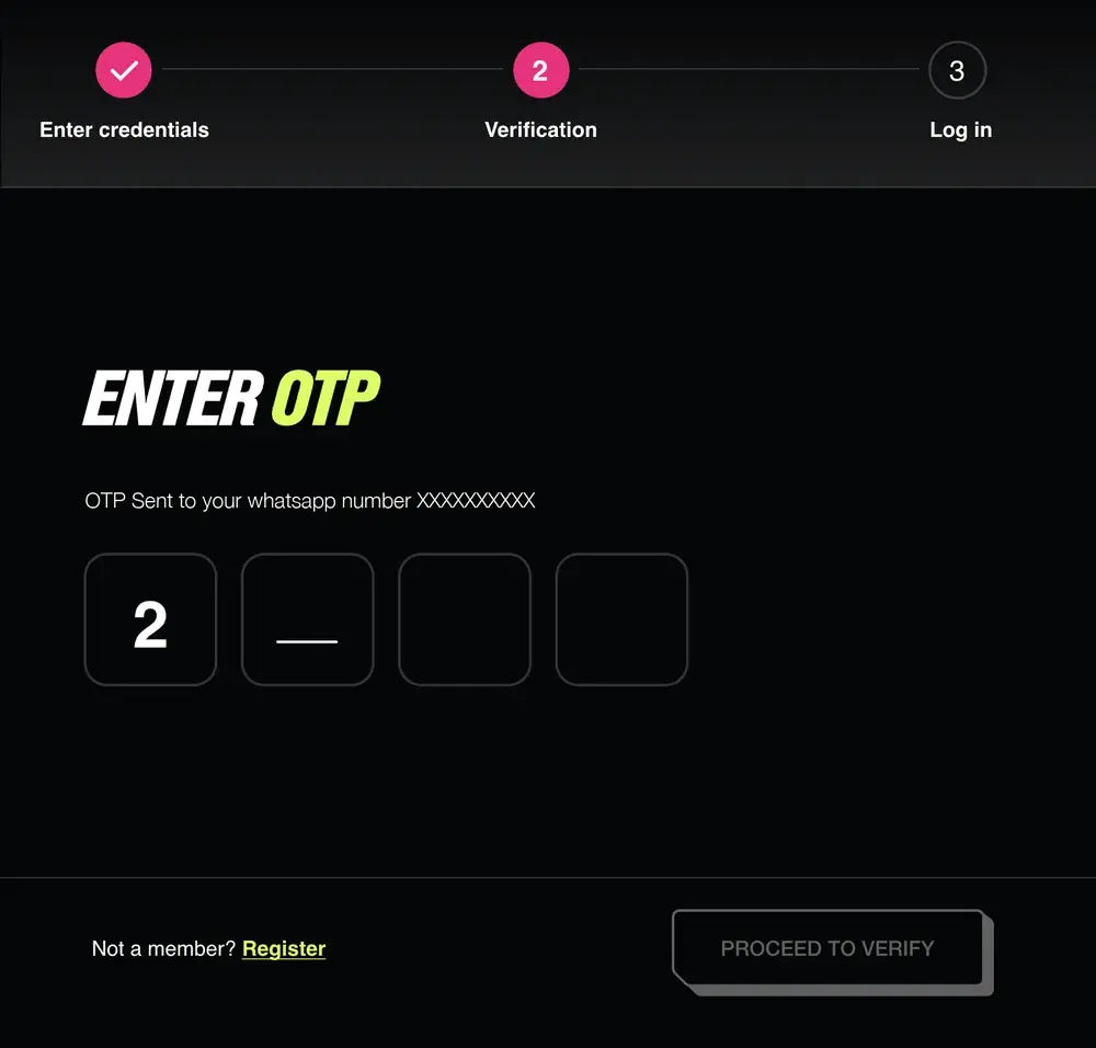 Design: Enter OTP, the code half typed, sent to a WhatsApp number.