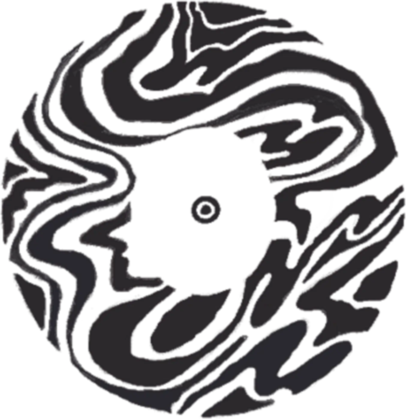 The mark in black: a record drawn as marbled swirls, with a face in profile around the spindle hole.