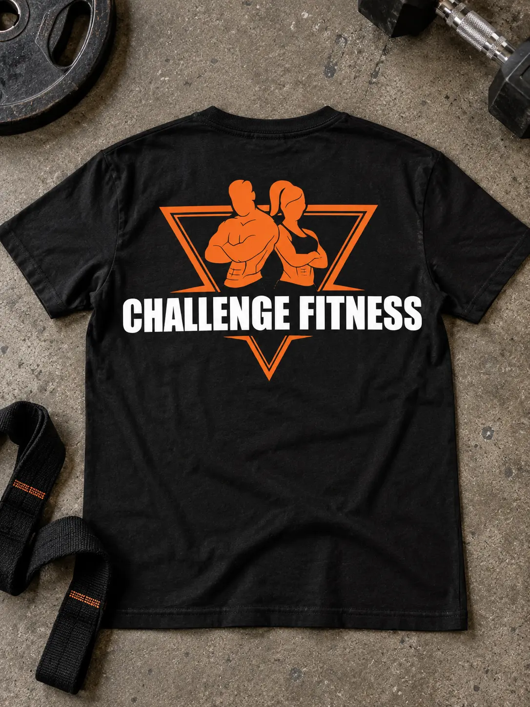 A black Challenge Fitness T-shirt laid flat on a concrete floor, the full logo printed across the back