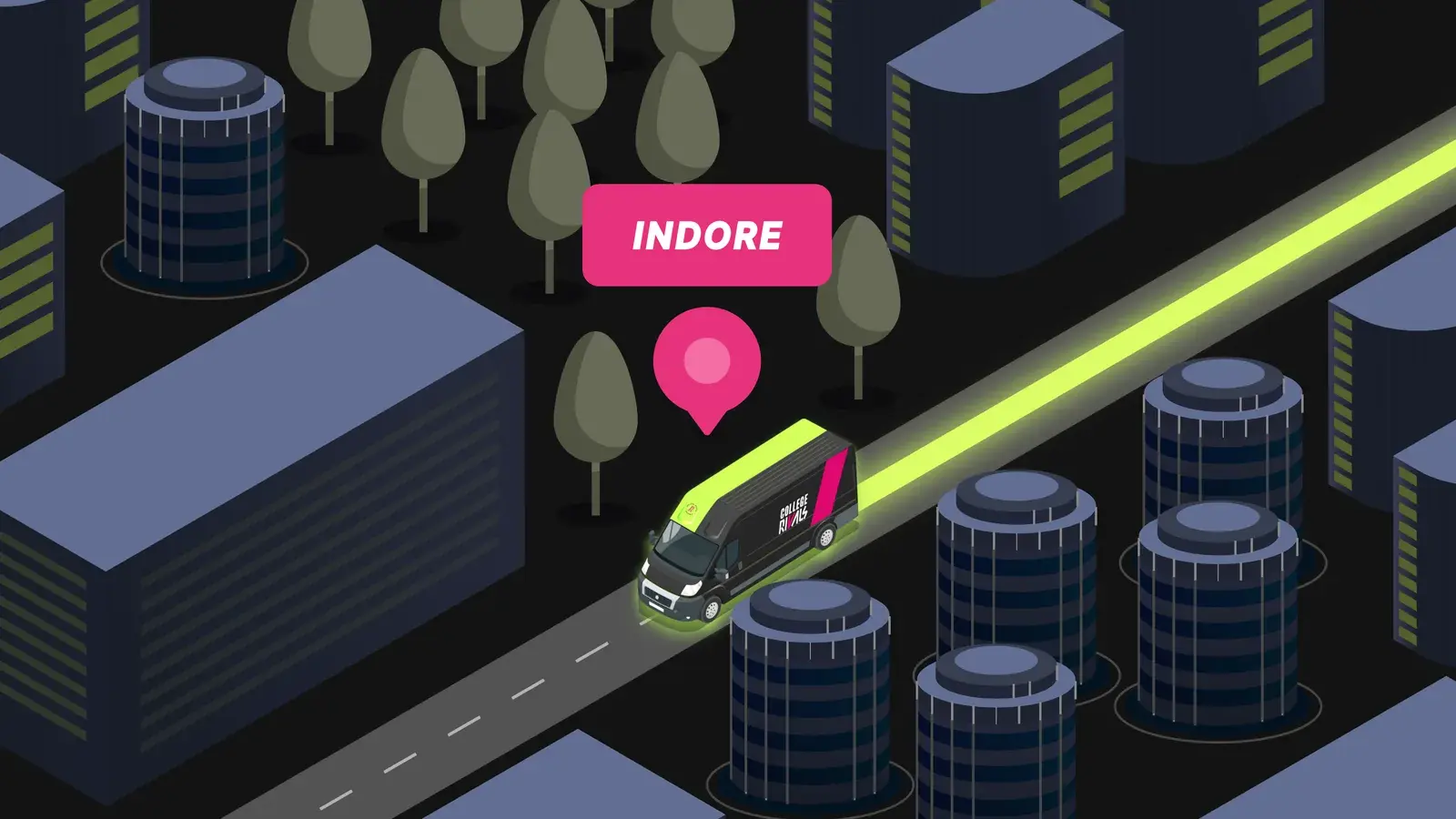 Design: a keyframe of the truck animation, the truck arriving at Indore under a pink pin on the illustrated city.