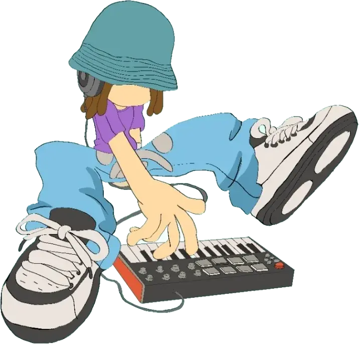 Character drawing: a kid in a bucket hat and headphones, crouched over a MIDI keyboard in huge sneakers.