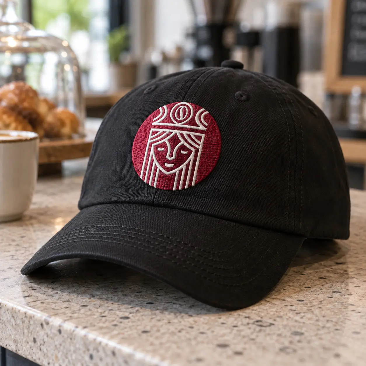 A black cap with the red Mocha Kaffe icon, the crowned face, embroidered on its front panel, resting on a café counter.