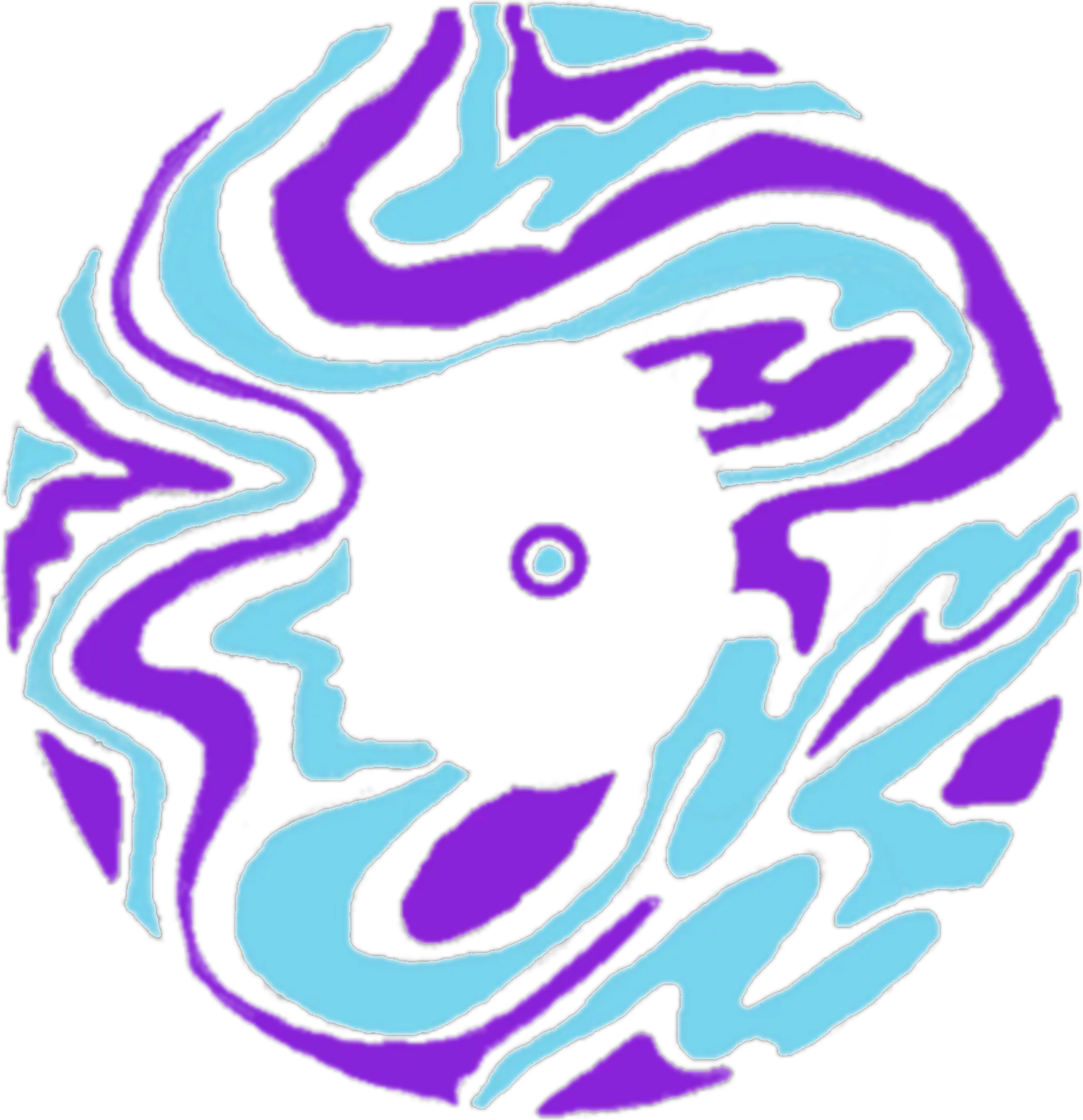 The mark in cyan and violet swirls.