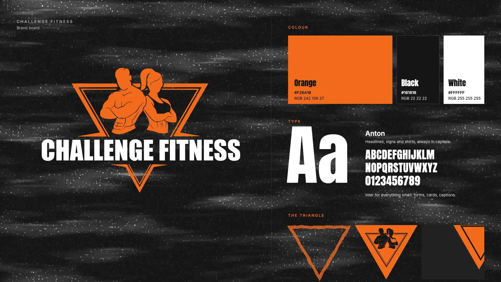 The brand board: the logo on chalky black; orange #F26A1B, black #161616 and white; Anton from A to Z; and the triangle drawn, used as a crop and cut off an edge