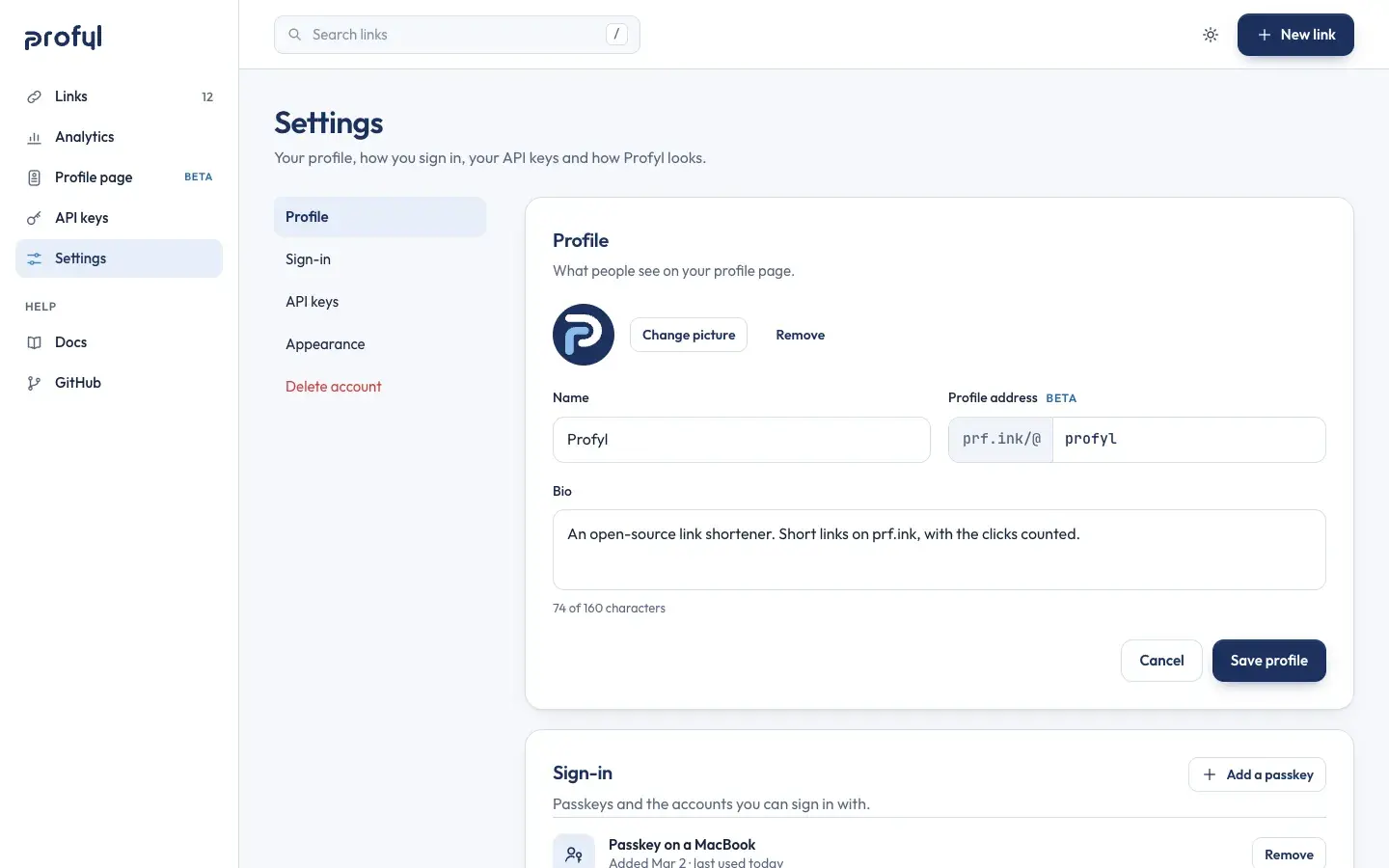 Settings: profile, sign-in, API keys, appearance and delete account, with the profile form open