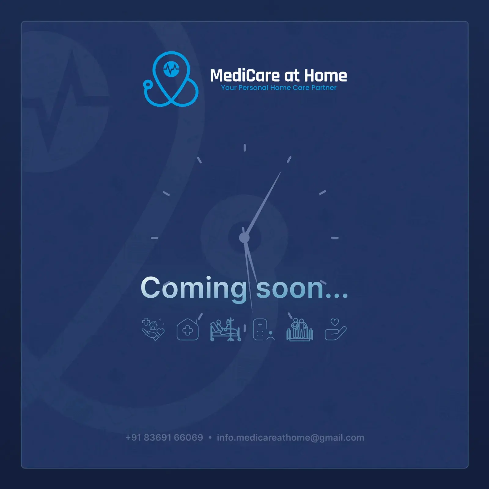 The launch post: Coming soon over a clock face, with care icons, the logo and contact details on navy
