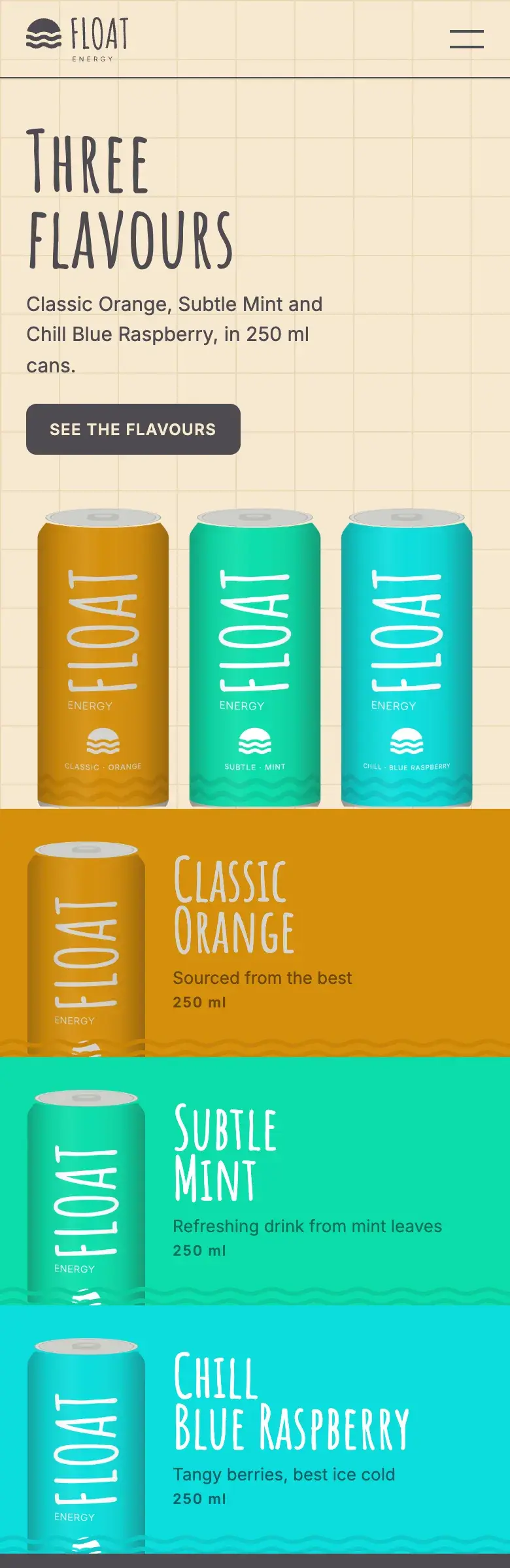 The Float Energy site on a phone: the three cans, then a band for each flavour