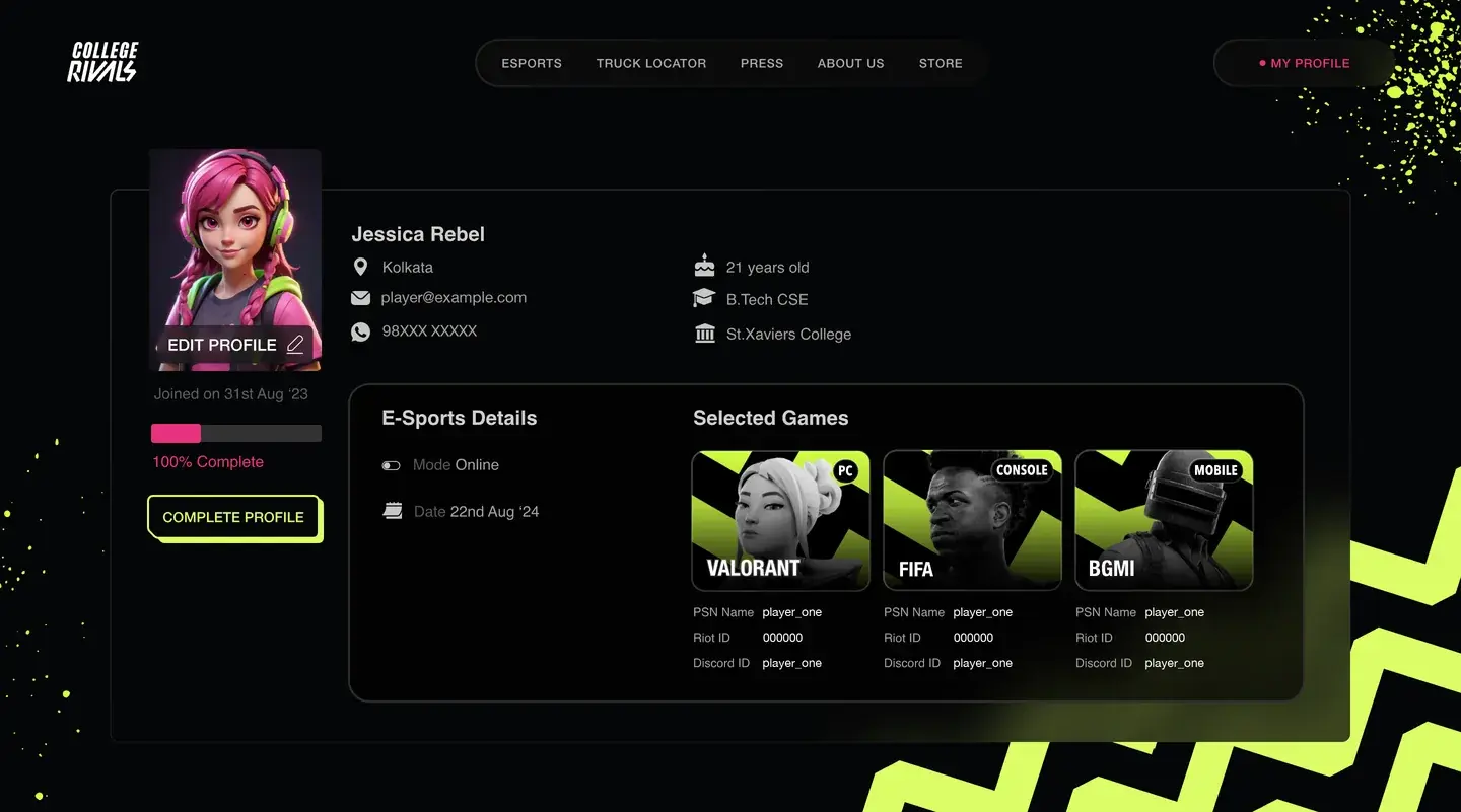 Design: the finished profile, with a placeholder avatar, the player's details, the esports details and three game cards with their game IDs.