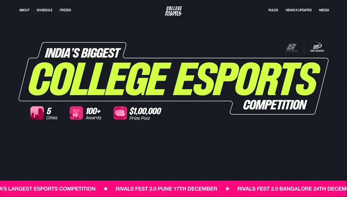 Design exploration: a home page opening on INDIA'S BIGGEST COLLEGE ESPORTS COMPETITION in lime on a dark ground, over a pink ticker.