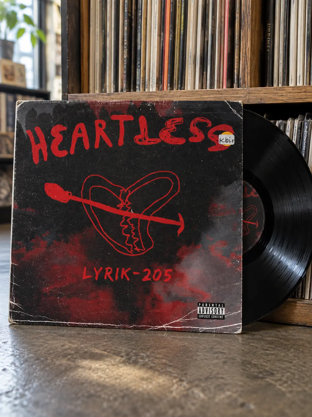 The Heartless 12-inch sleeve leaning against a shelf of records in a small shop, the black record half out of the sleeve.