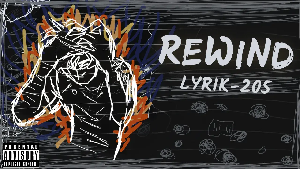 The Rewind thumbnail: the drawn figure at the left, REWIND and LYRIK-205 at the right over scribbled circles.