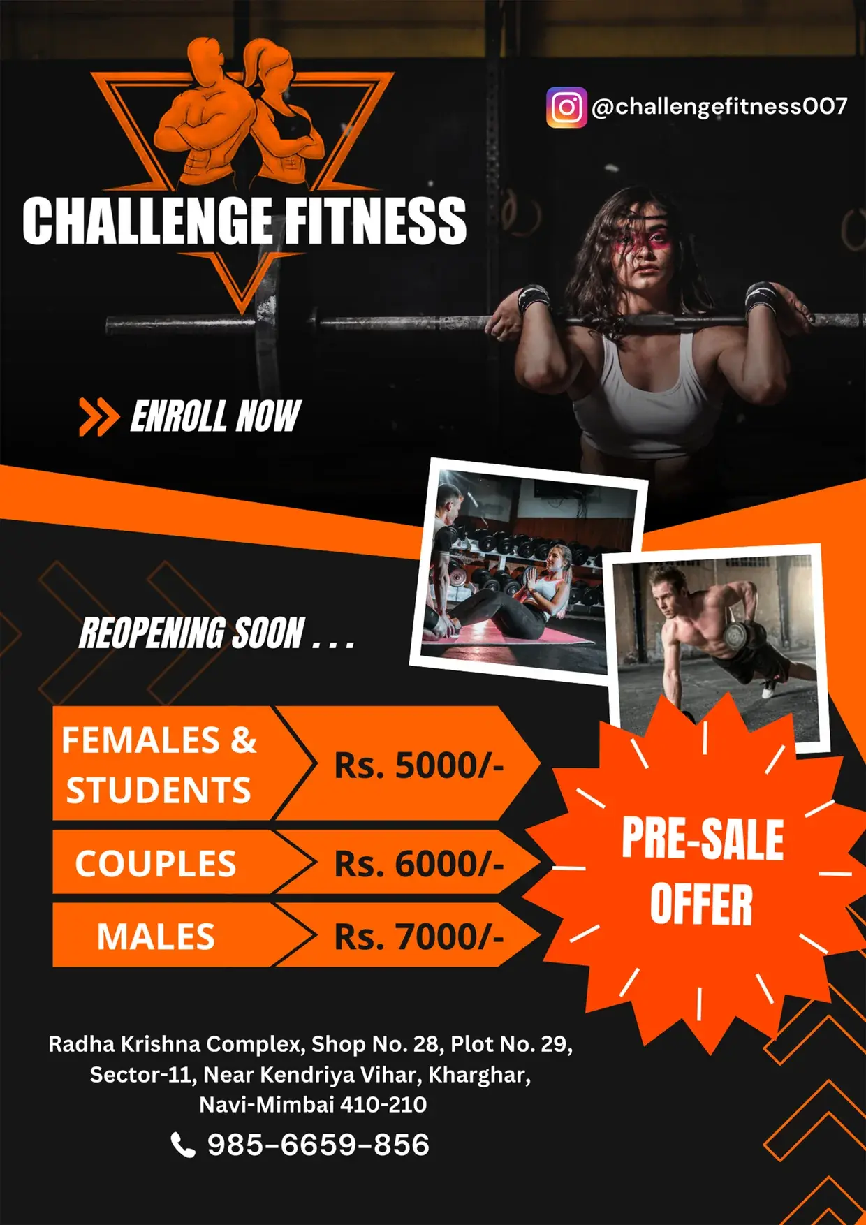 A4 pamphlet: the logo, a woman lifting a barbell, REOPENING SOON, the pre-sale rates on orange tabs and a PRE-SALE OFFER starburst