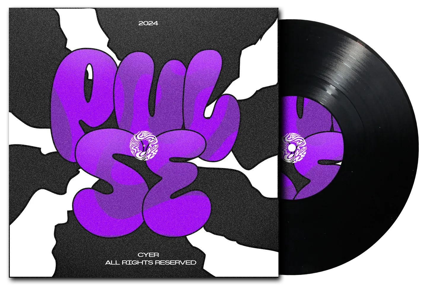 The Pulse single: PULSE in fat violet bubble letters over black and white shapes, the record half out of the sleeve.