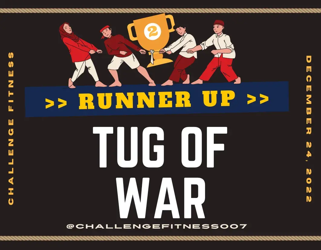 Runner-up’s plaque: the same team and a trophy marked 2, RUNNER UP on a navy band, TUG OF WAR in white, between rope borders