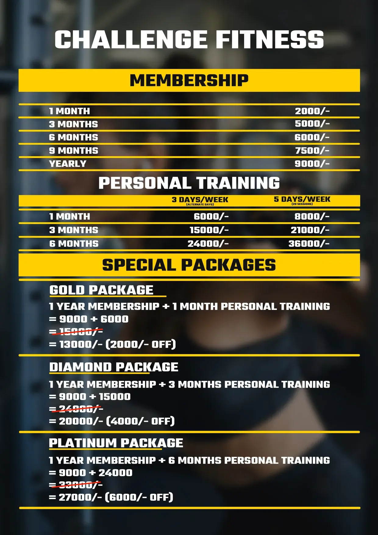 Price sheet: MEMBERSHIP, PERSONAL TRAINING and SPECIAL PACKAGES on yellow bands over a blurred photo of a woman training, the gold, diamond and platinum packages with their old prices struck through