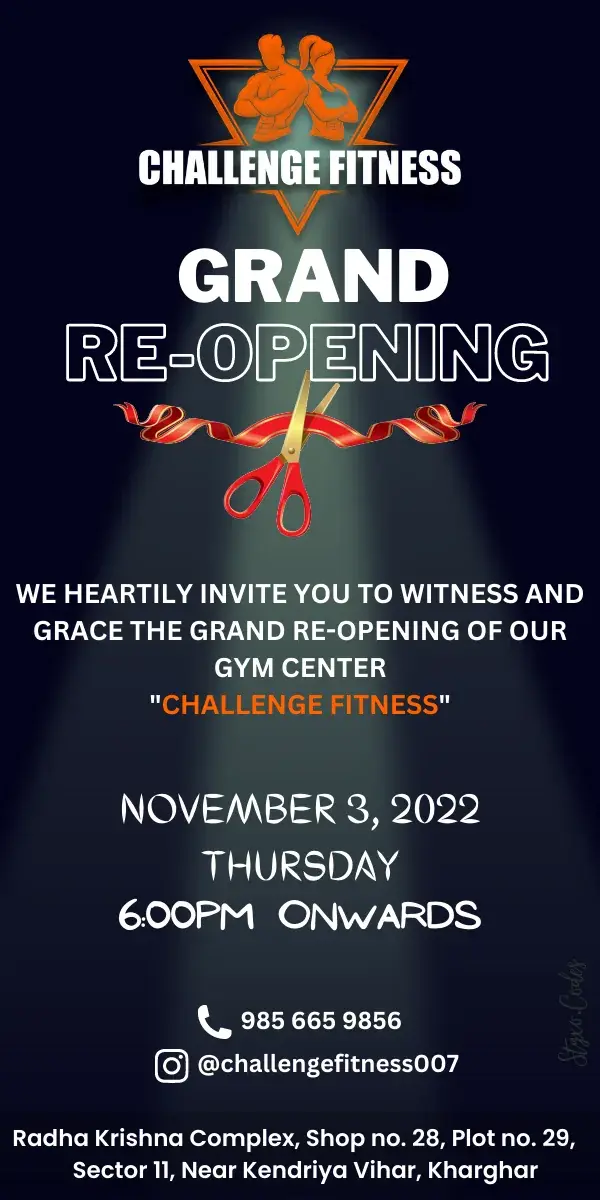 Invitation story: GRAND RE-OPENING on navy under a spotlight, a ribbon being cut, the invitation, and November 3, 2022, Thursday, 6 PM onwards
