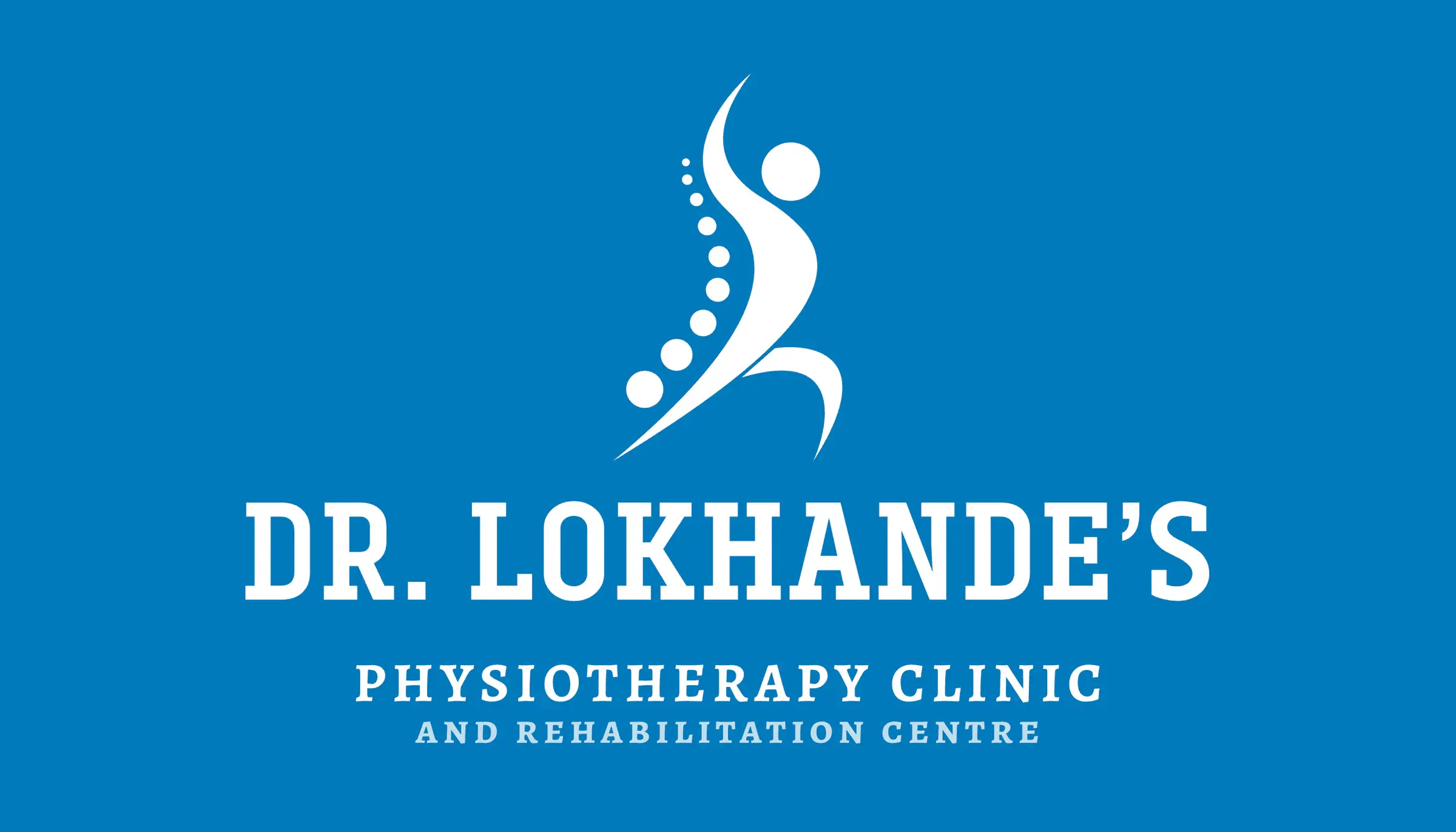 Visiting card front: the white spine-and-figure mark above Dr. Lokhande's Physiotherapy Clinic and Rehabilitation Centre, on clinic blue.