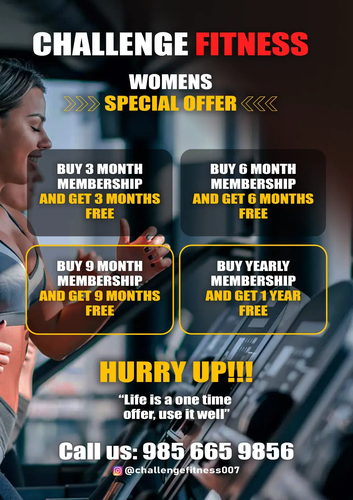 Women’s special flyer: WOMENS SPECIAL OFFER, four buy-and-get-free offers in gold-edged boxes, HURRY UP!!! and the gym’s number, beside a woman on a treadmill