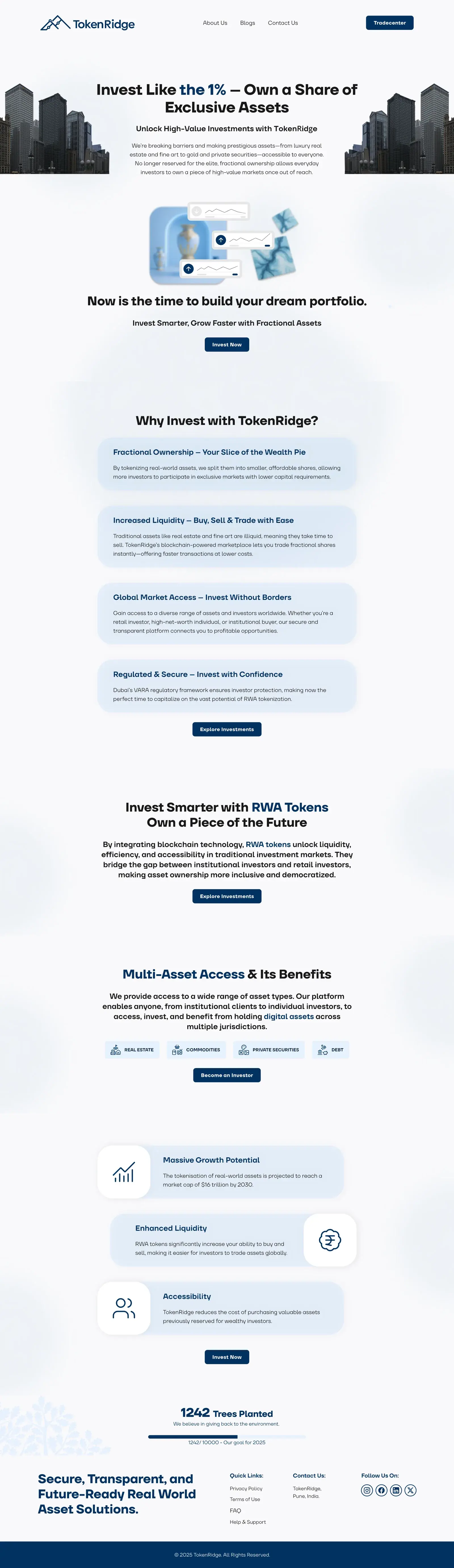 The investor page on desktop: Invest like the 1%, why invest with TokenRidge, RWA tokens, the asset types, three benefits and a tree-planting counter