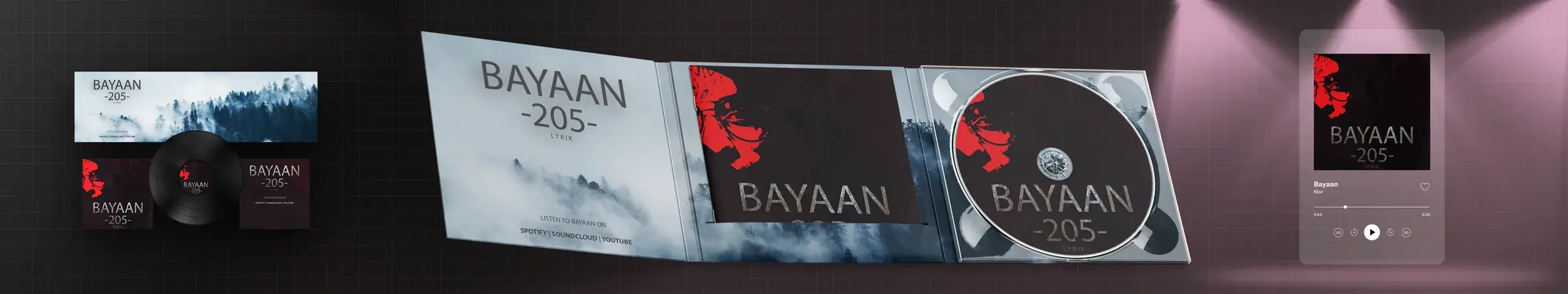 The Bayaan carousel as one picture: the flat artwork, the record and the digipack, then the open digipack, then the player card, across a dark grid.