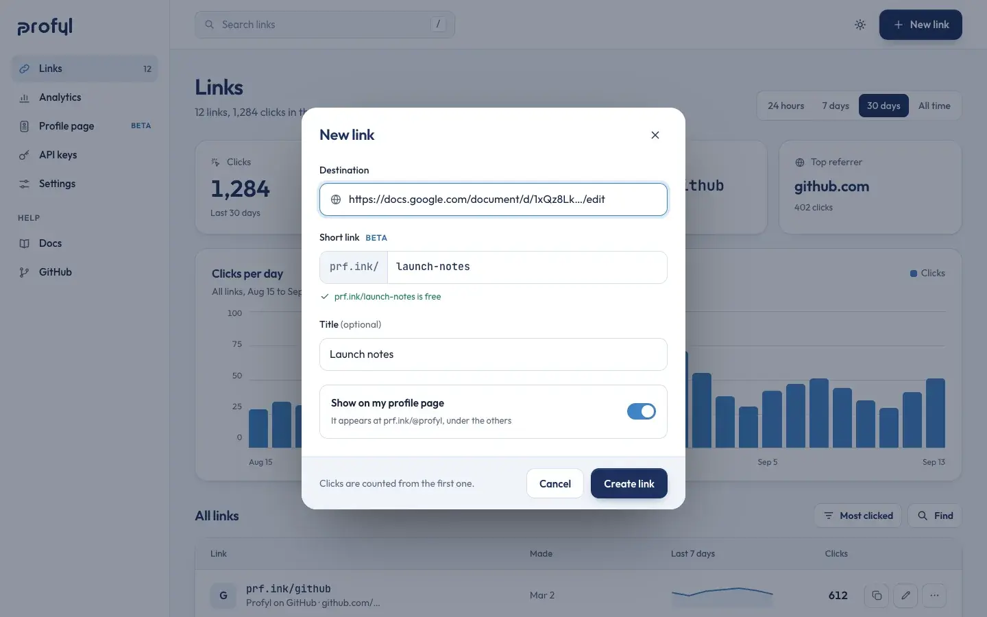 The New link dialog over the dashboard: destination, prf.ink/launch-notes marked free, a title and a switch to show it on the profile page