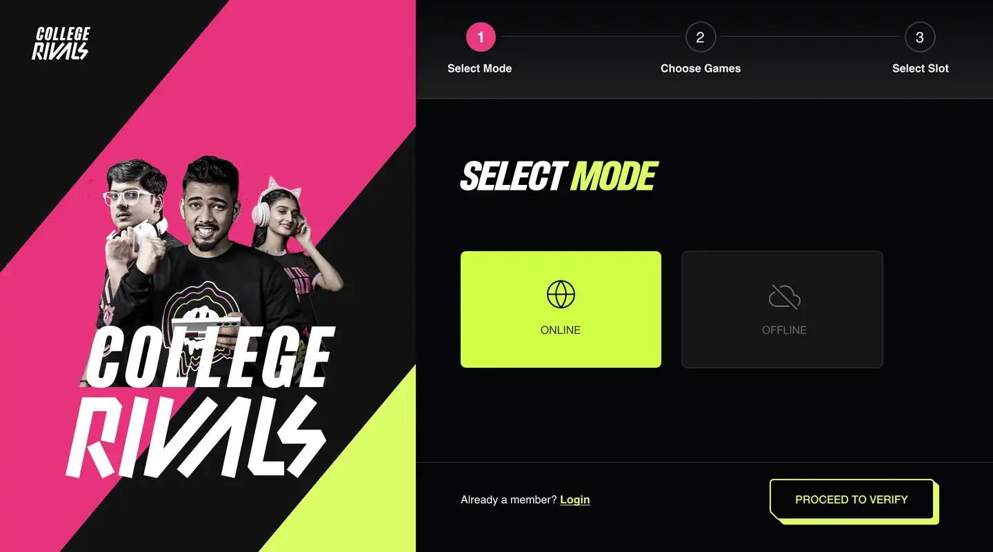 Design: esports registration, Select mode, with Online picked over Offline.