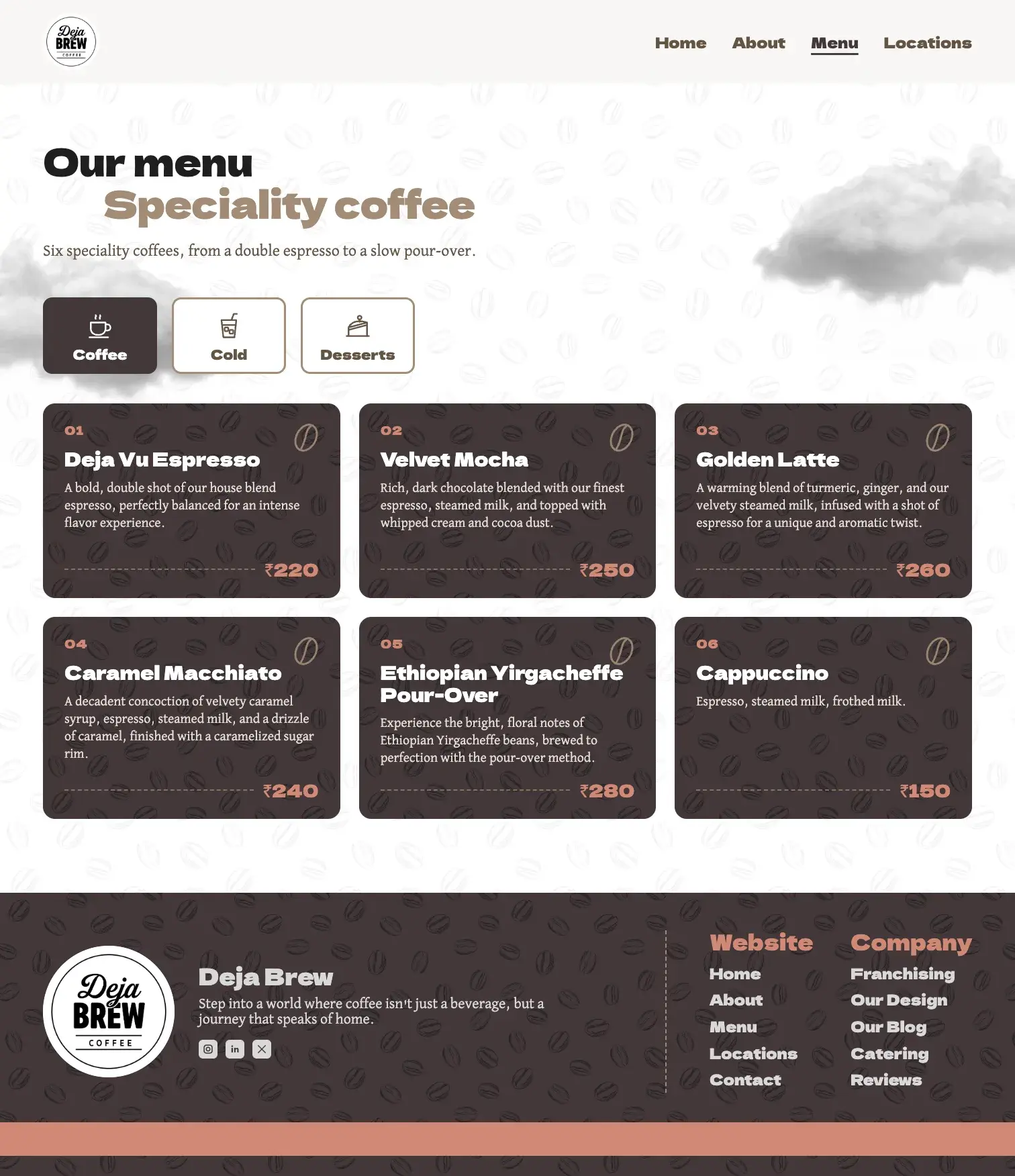 The finished menu page: Our menu, Speciality coffee, three counters (Coffee, Cold, Desserts) and six dark brown cards from Deja Vu Espresso at ₹220 to Cappuccino at ₹150.