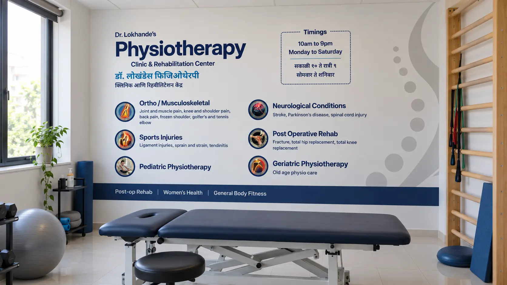 The clinic's wall graphic, with its treatment groups and a large grey spine figure, behind a padded treatment table.