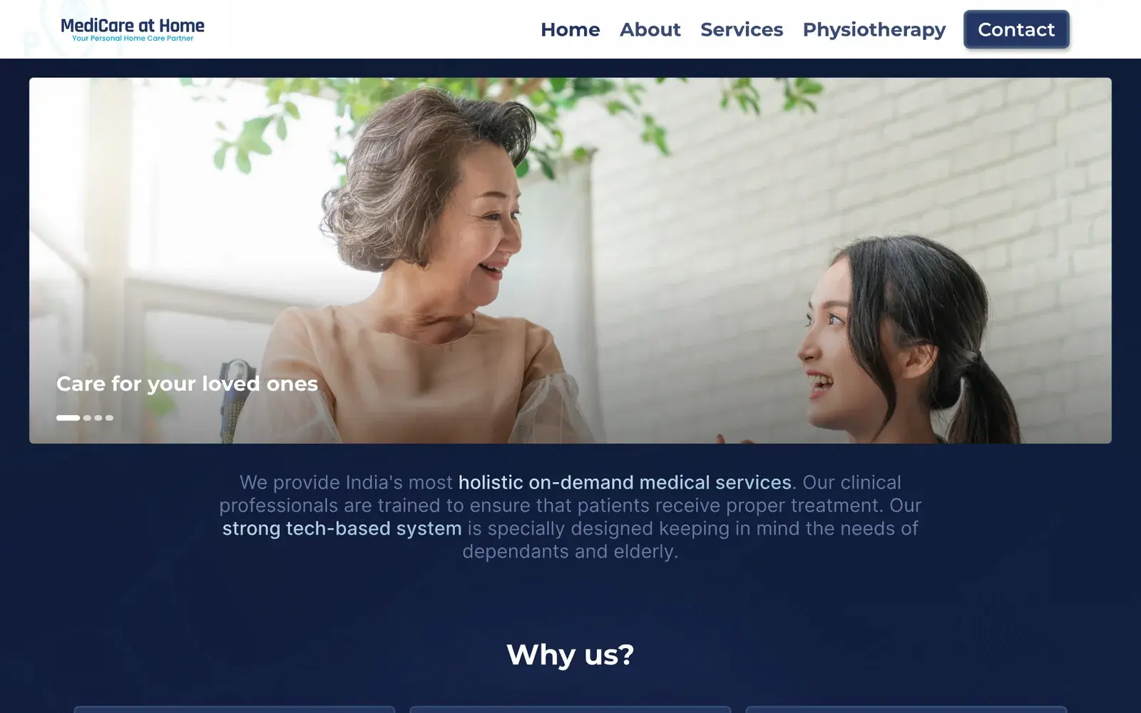 The top of the 2024 home page: a carousel photo of a carer talking with an older woman under the line “Care for your loved ones”, on navy, with a paragraph in faint blue-grey below