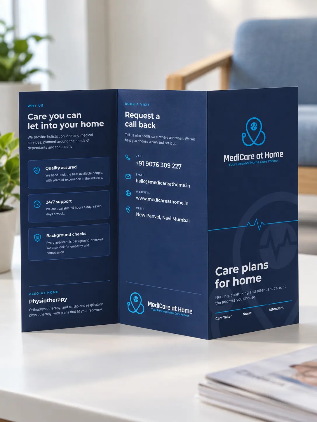 The MediCare at Home care-plans leaflet standing half open on a white table, showing the Care Taker, Nurse and Attendant plans