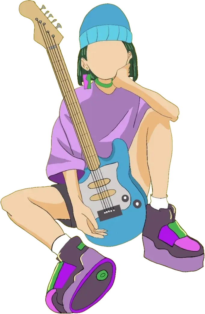 Character drawing: a girl in a beanie and platform sneakers, sitting with a blue electric guitar.