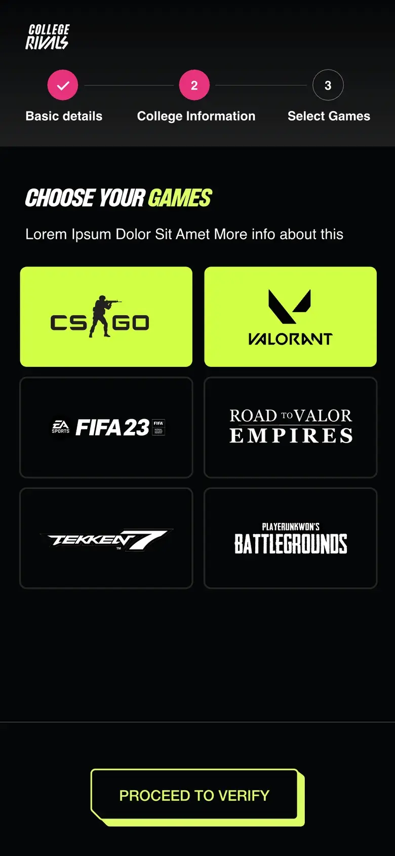 Design: Choose your games on a phone, six titles in two columns.