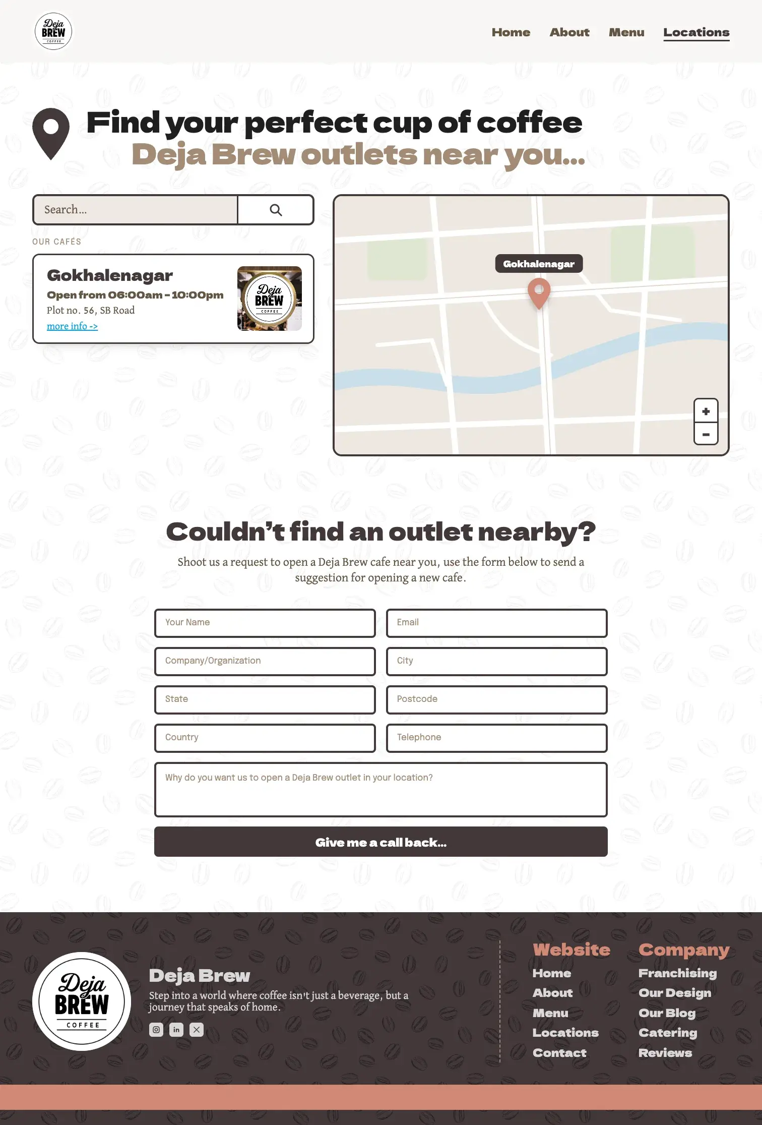 The finished locations page: Find your perfect cup of coffee, a search box and the Gokhalenagar café card beside a map with its pin, then Couldn't find an outlet nearby? and the request form.