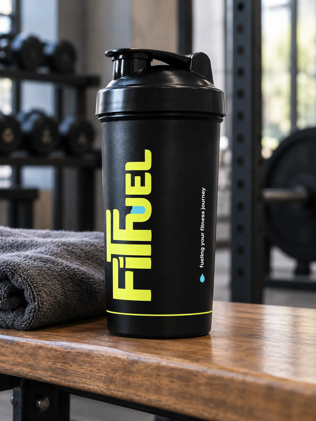 A black FitFuel shaker with the lime wordmark running up its side, on a wooden gym bench beside a towel