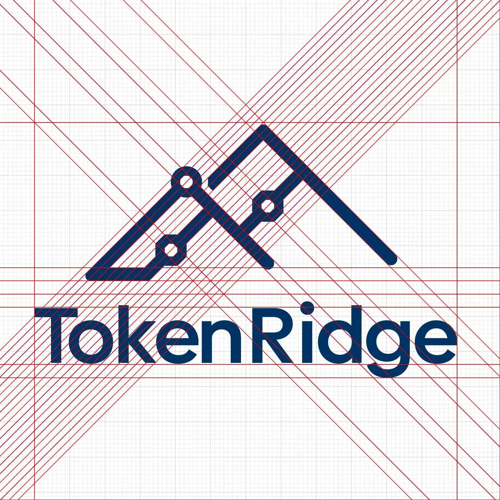 The logo on its construction grid: red 45-degree guides crossing behind the navy ridge and the TokenRidge wordmark