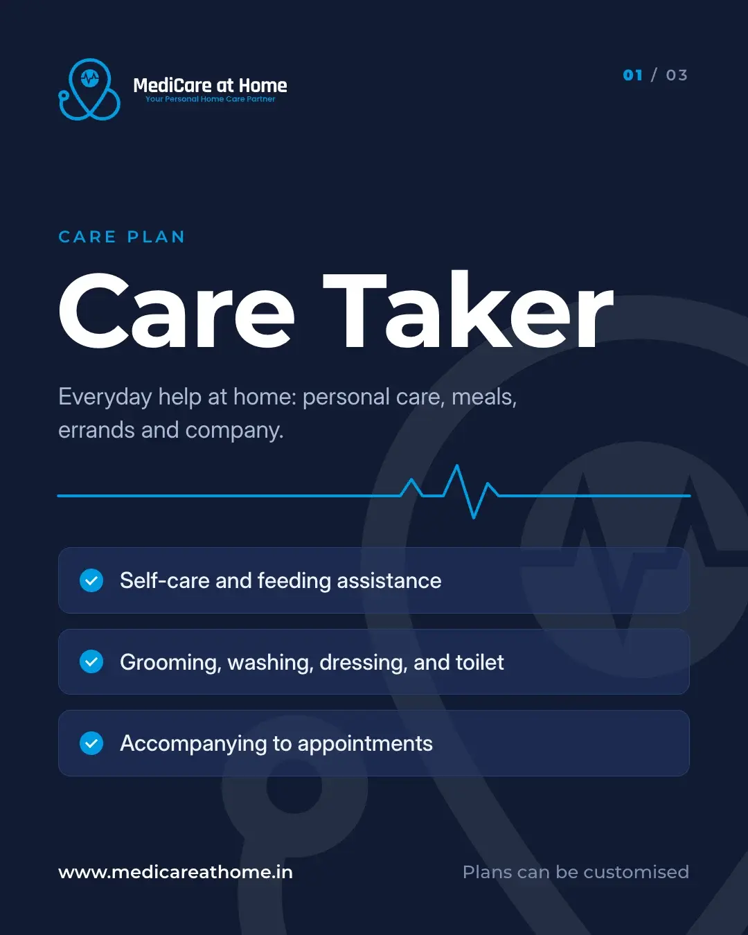 Care plan post 1 of 3: Care Taker, with self-care and feeding assistance, grooming, and accompanying to appointments