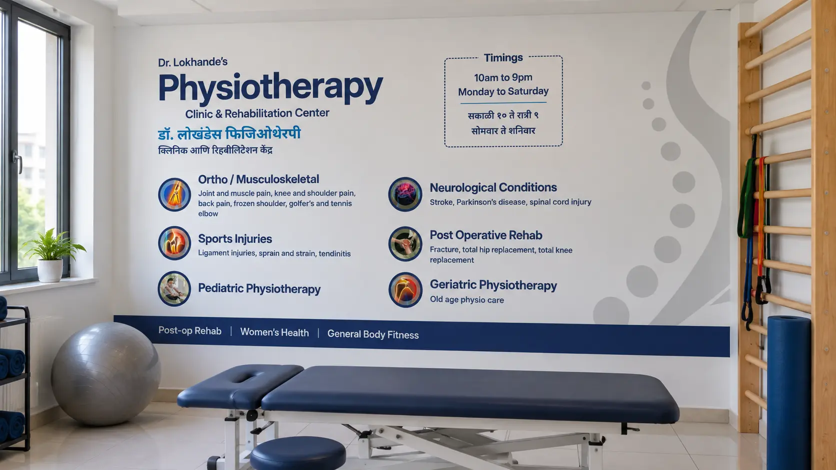 The long clinic-blue entrance board, in Marathi and English, fixed above a glass clinic entrance.