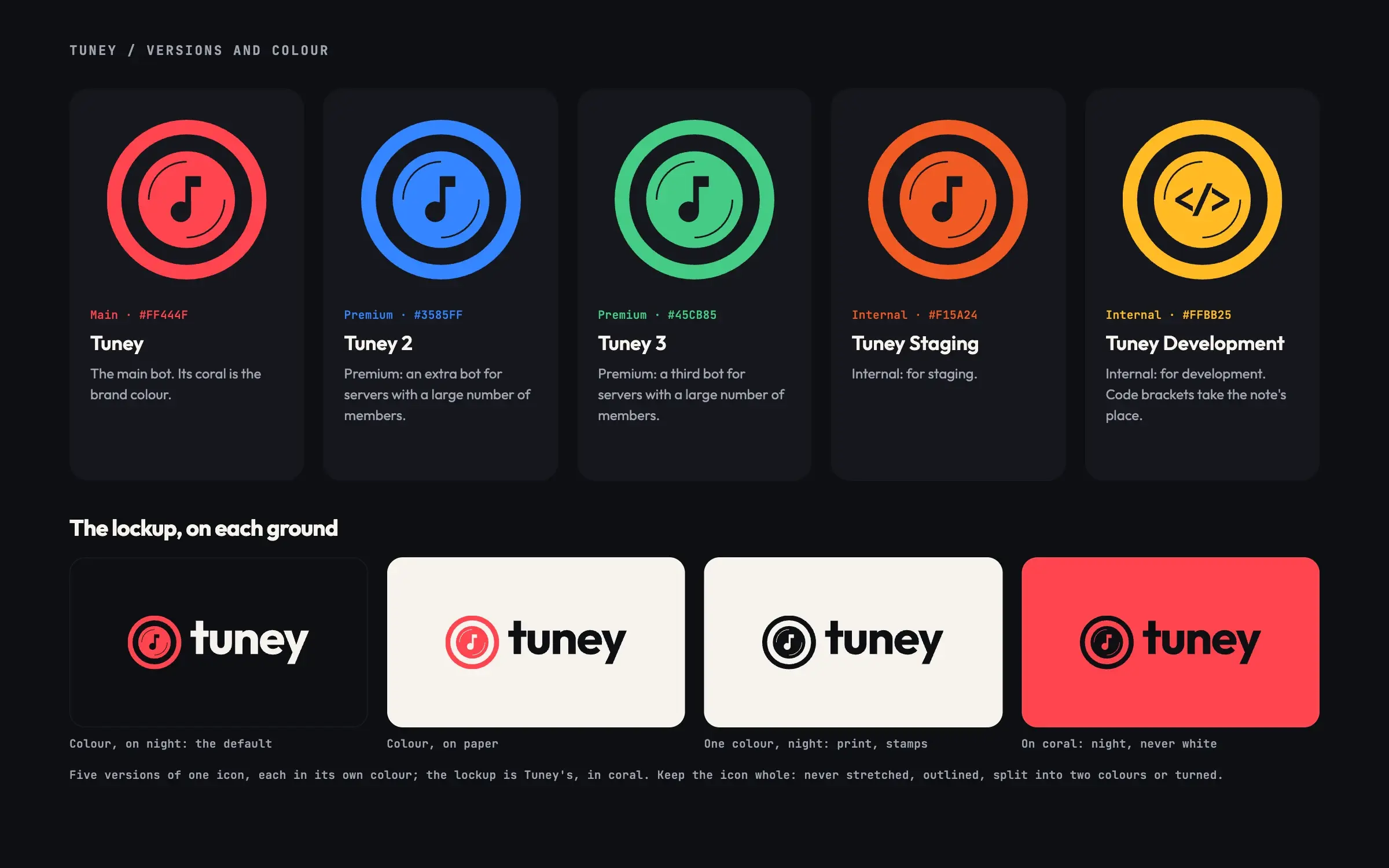 The five versions, each with its role and colour: Tuney in coral, Tuney 2 in blue, Tuney 3 in green, Tuney Staging in orange and Tuney Development in yellow with code brackets; below, the lockup on night, on paper, in one colour and on coral