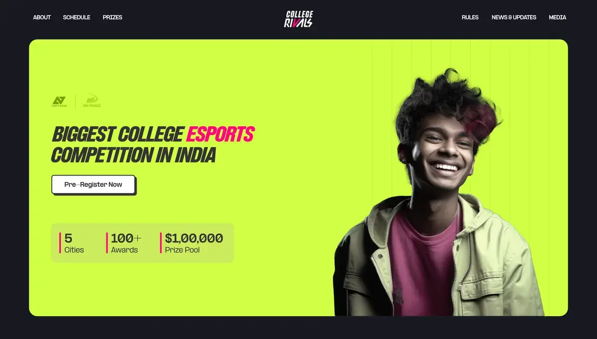 Design exploration: a lime card with BIGGEST COLLEGE ESPORTS COMPETITION IN INDIA beside a smiling student.